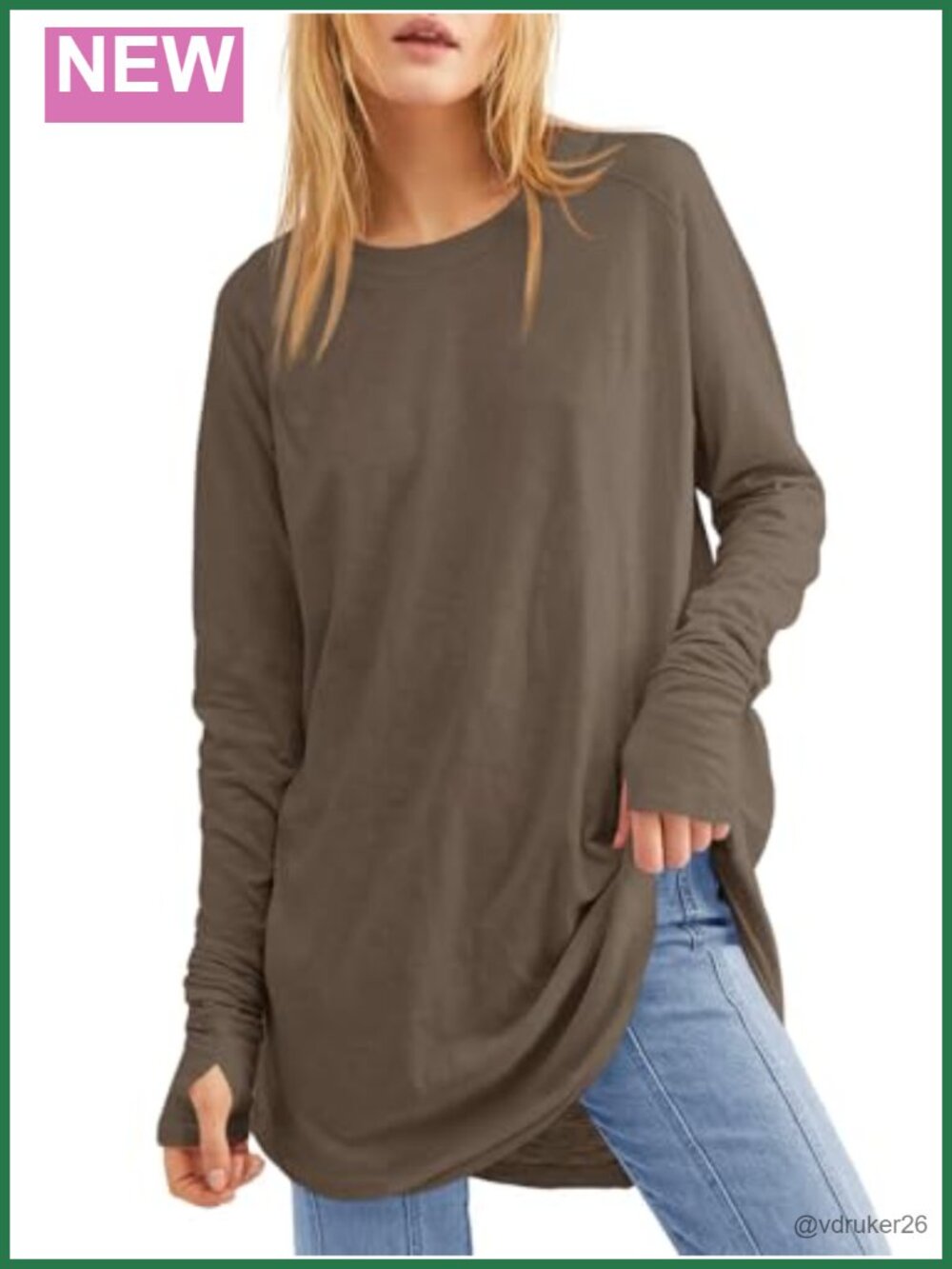 Womens Long Sleeve Tunic Top with Thumb Holes Loose Fit Crew Neck Pullover